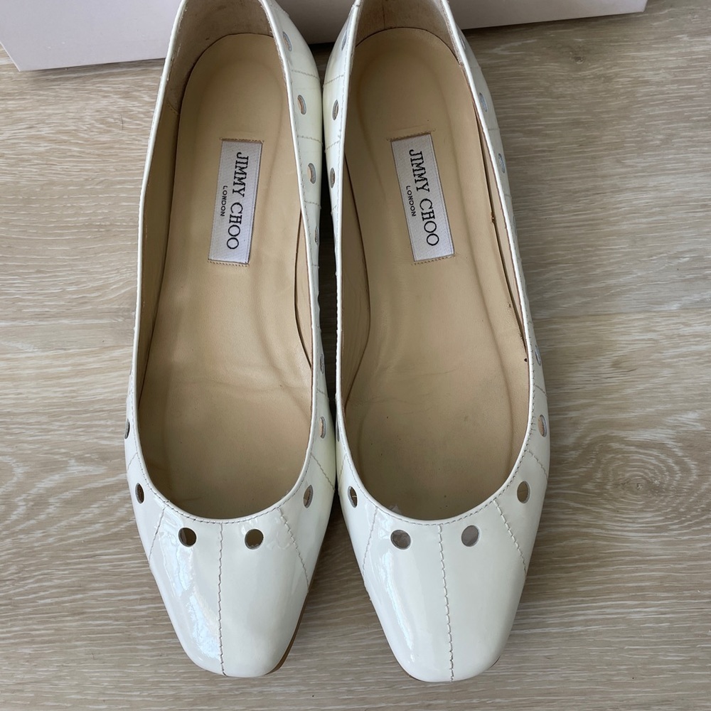 Jimmy Choo white patent leather flats